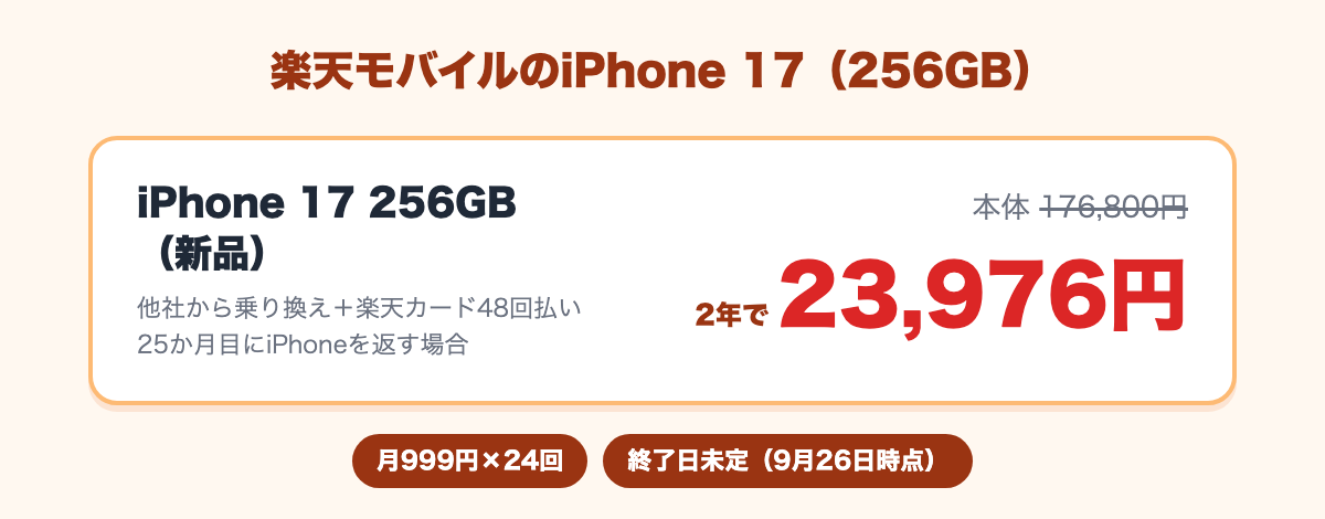 iPhone 17 256GBが本体176,800円、乗り換え＋48回払いで25か月目に返すと2年で23,976円（月999円×24回）