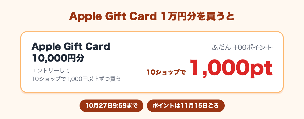 Apple Gift Card 10,000円分を10ショップ買いまわりで買うと、ふだん100ポイントが1,000ポイントに