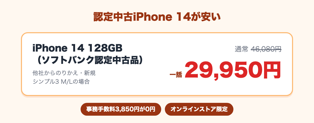 認定中古iPhone 14 128GBが通常46,080円から、のりかえ・新規で一括29,950円。事務手数料3,850円が0円