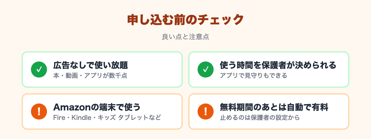 良い点:広告なしで使い放題、使う時間を保護者が決められる。注意点:Amazonの端末で使う、無料期間のあとは自動で有料